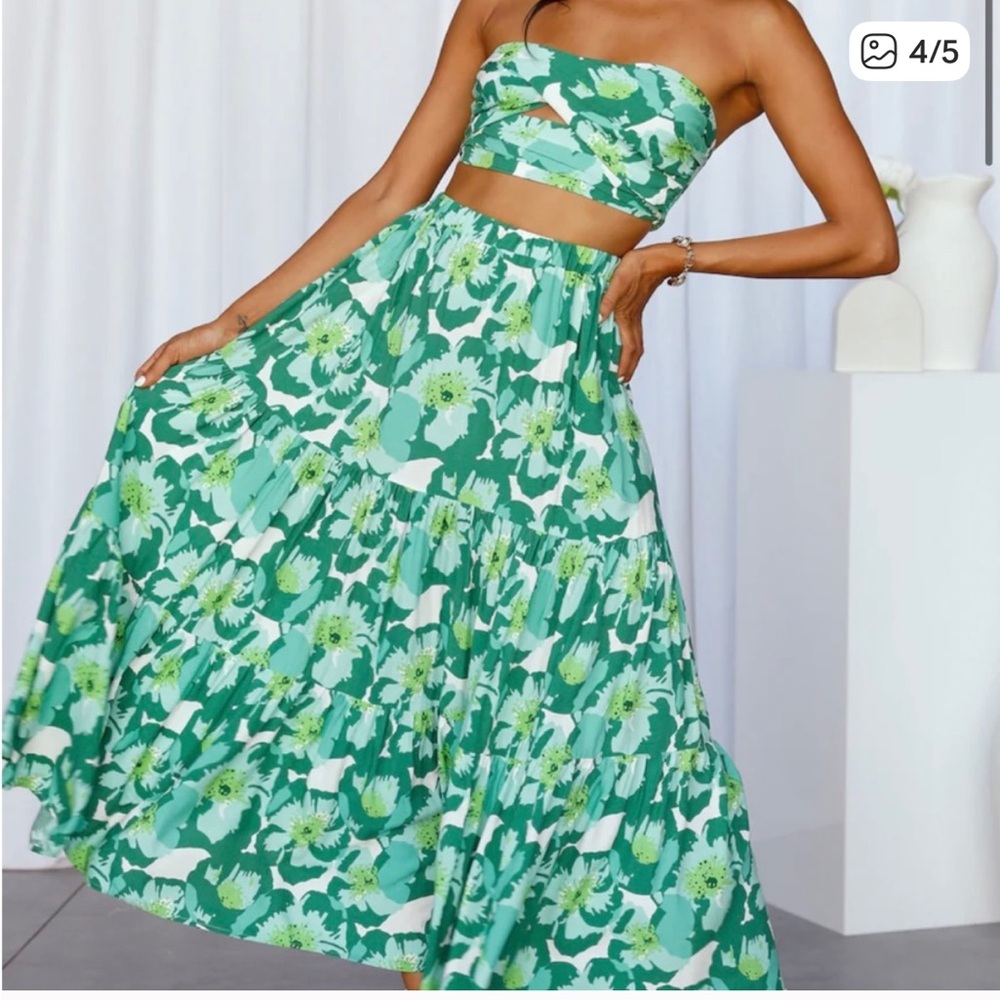 Hello Molly -Floral Green Strapless top and matching skirt